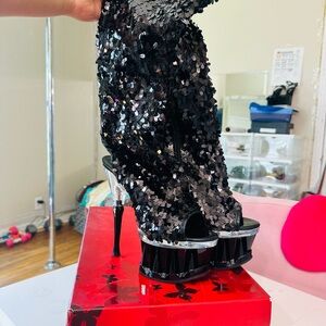 Pleaser Black Sequin Platform Peep-Toe Stiletto Boots
